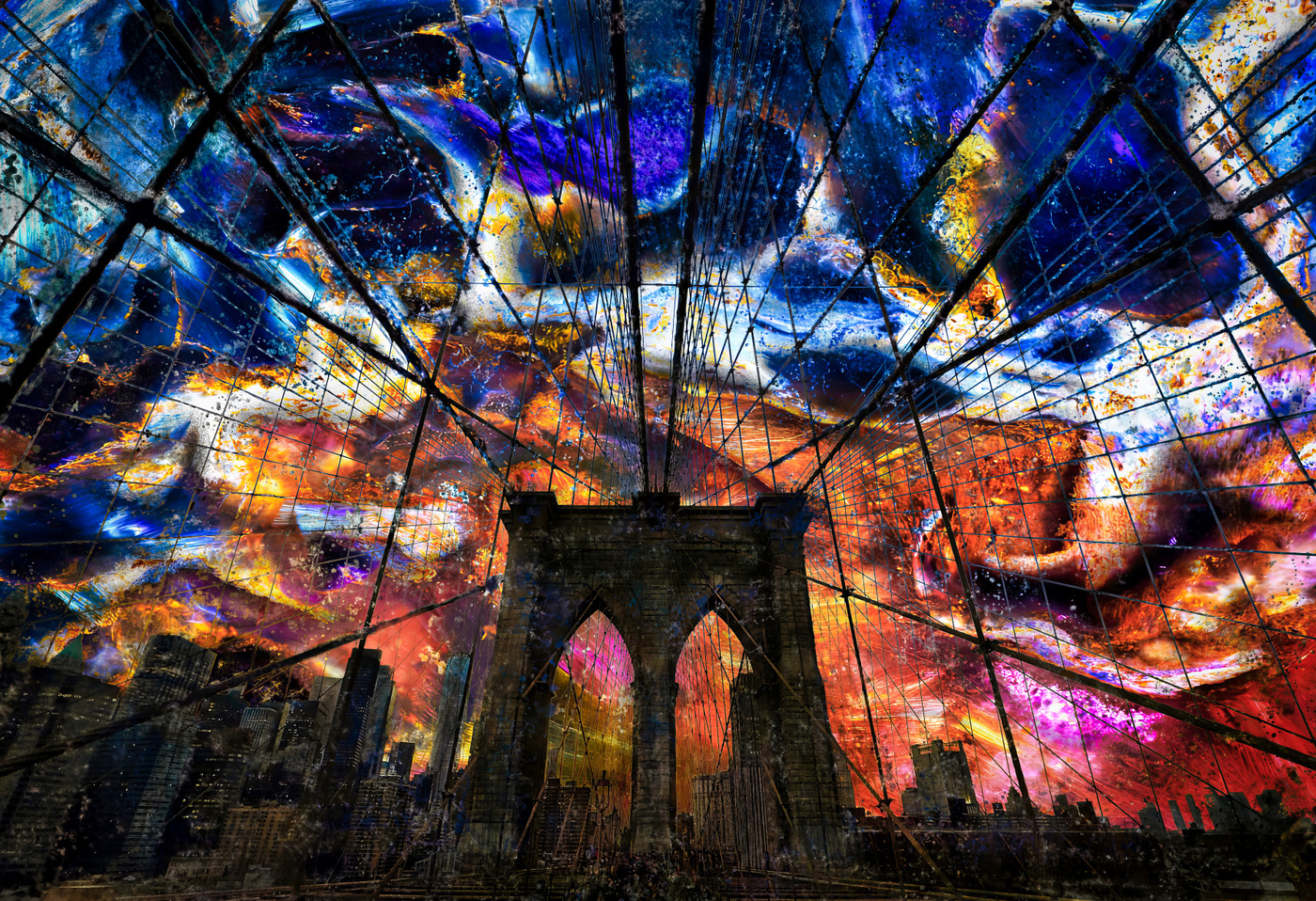 Brooklyn Bridge towers and suspension cables merged with blue and orange experimental textures.
