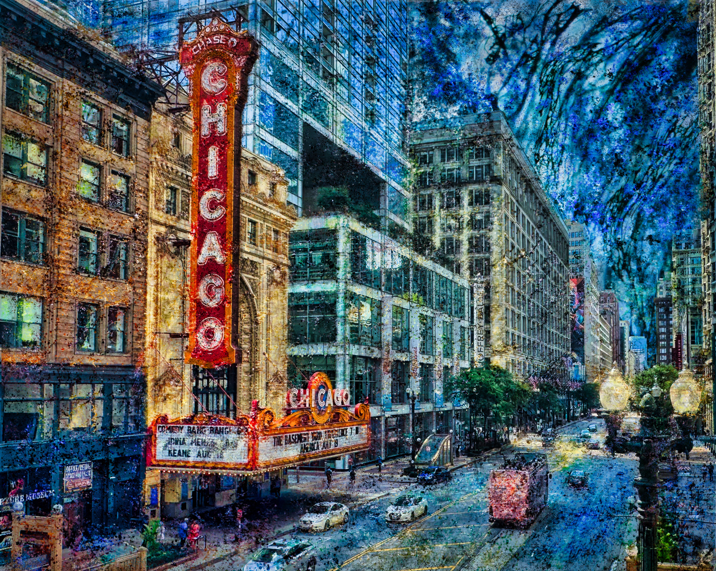 Chicago Theatre and surrounding architecture layered with blue experimental textures.