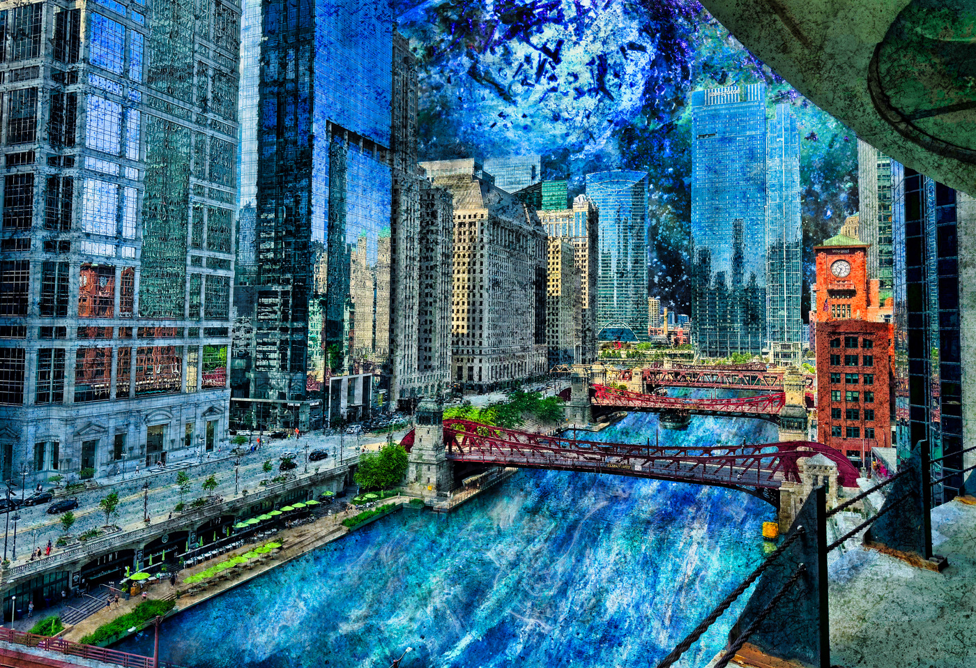 Chicago River bridges and architecture merged with flowing blue textures.